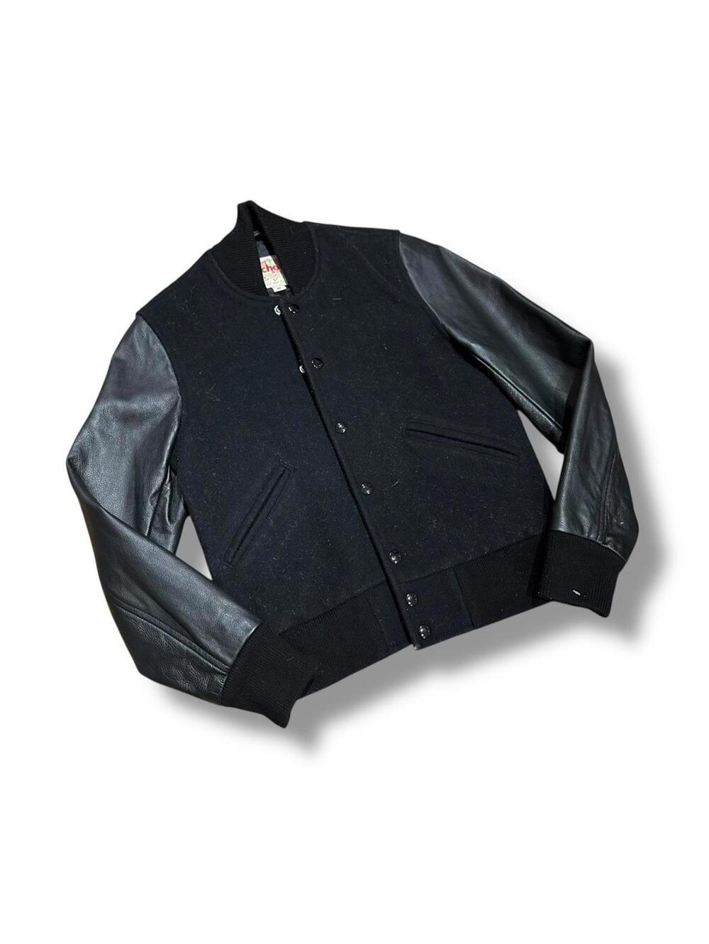 Black Varsity Schott Leather Sleeve Jacket